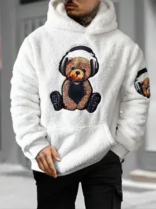 Men's Cartoon Bear Print Drop Shoulder Plush Graphic Print Hoodie, Fashion Casual Regular Fit Pocket Hooded Sweatshirt for Daily Holiday Outdoor Wear, Men Clothes for Fall & Winter
