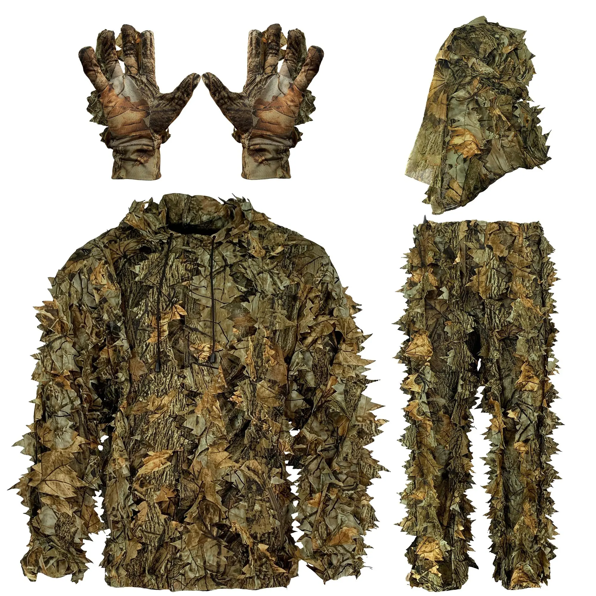 AYIN Ghillie Suit For Men Hunting Suits 3D Leaf Bush Gillie Suit Camo Turkey Hunting Hooded Gillies Camo Hunting Suits (SM/MD Autumn Brown)