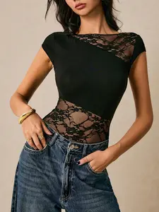 1 Piece Ladies' Sheer Lace Panel Bodysuit, Boat Neck Cap Sleeve, Bodycon Fit for Party