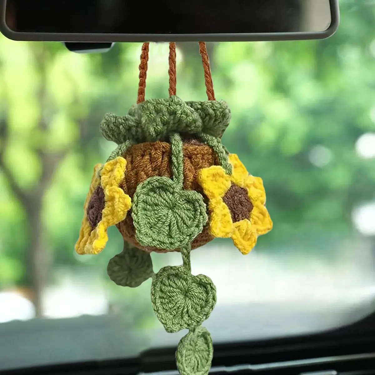 Cute Sunflower Leaf Plant Pot Hanger, Car Rearview Mirror Hanging Accessory, Knitted Lucky Charm, Garden Wall Decor, Car Decorations, Aesthetic Car Accessory