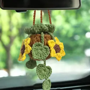 Cute Sunflower Leaf Plant Pot Hanger, Car Rearview Mirror Hanging Accessory, Knitted Lucky Charm, Garden Wall Decor, Car Hanging Decoration, Car Interior Decoration