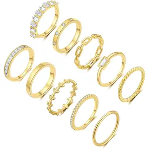 8-12PCS 14K Gold Stacking Ring Set for Women Dainty Thumb Stackable Rings Gold Heart CZ Non Tarnish Rings Plain Band Size 4-11