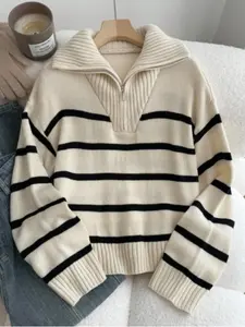 Women's Half Zip Striped Chain Print Sweater, Fall/winter Oversized Collar Pullover, Comfortable Fashion Knit Top, Casual Wear