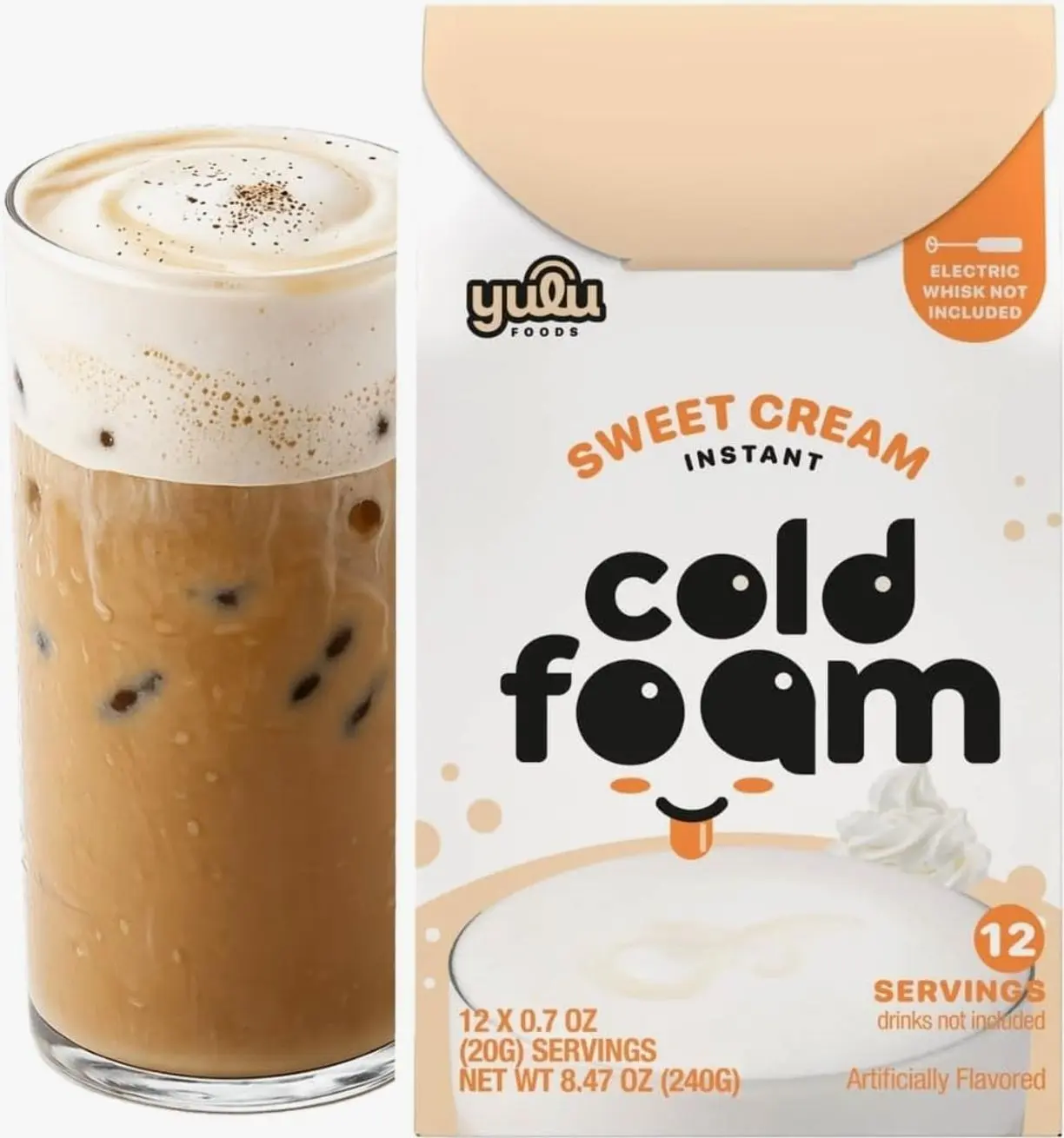 YULU FOODS Sweet Cream Instant Cold Foam Sticks (12 Servings, 8.47 oz) | Non-Dairy Vanilla Cold Foam for Iced Coffee, Tea & Matcha | Caffeine-Free | Whip Café-Style Foam in Seconds