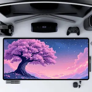 Sakura Tree Night Sky Mousepad Pink Cherry Blossom Desk Mat with Stars Anime Fantasy Art for Peaceful Workspaces Gift for Nature Lovers