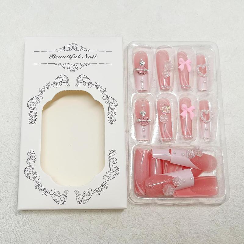 24pcs Long Square Press on Nails French Tip Fake Nails 3D Bow Heart Pearls Planet Charms Rhinestones Designs Acrylic Nails Glossy Pink Full Cover Glue on Nails for Women Girls Manicure Decoration