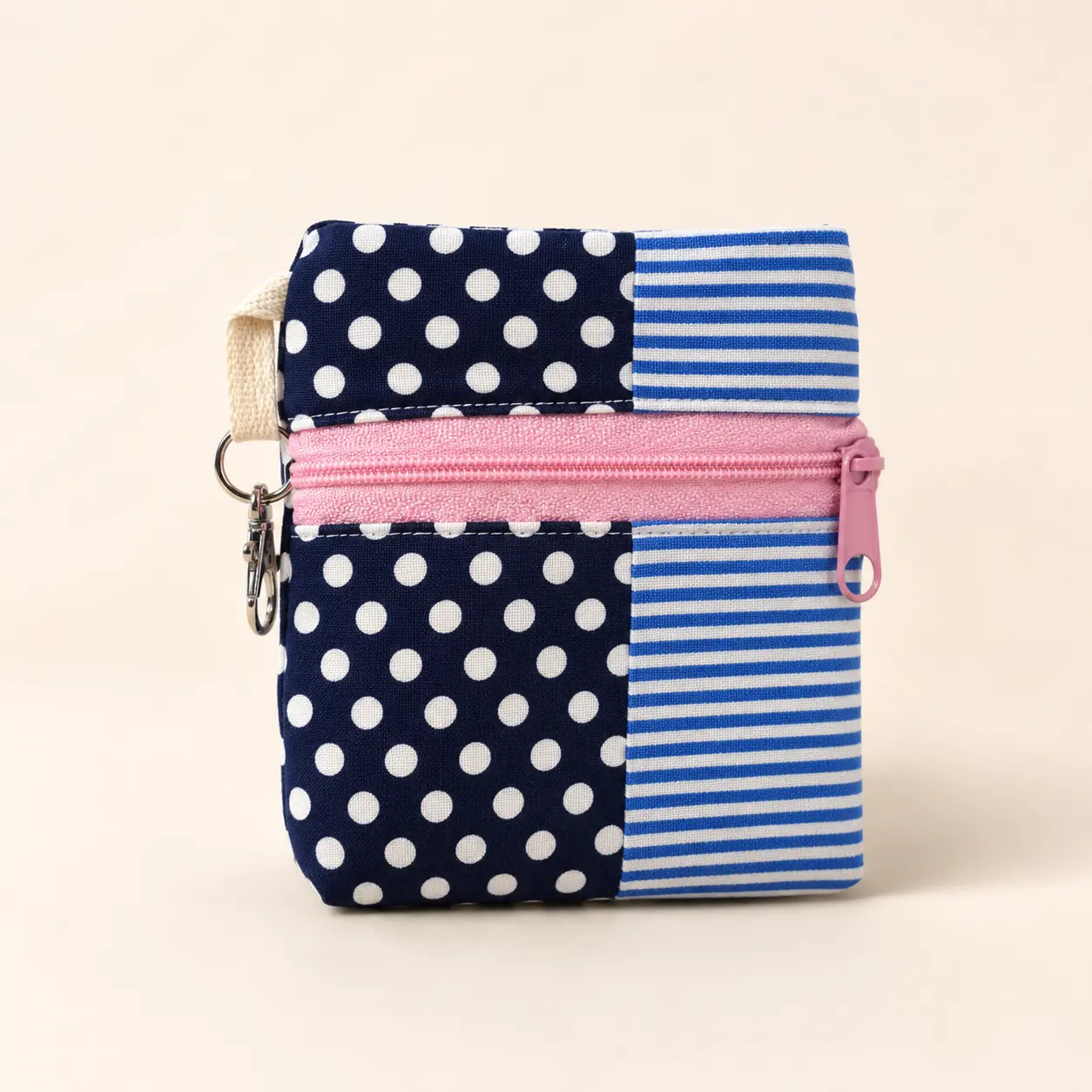 Handmade Standing Zipper Pouch – Red Gingham & Blue Polka Dot / Navy Zipper