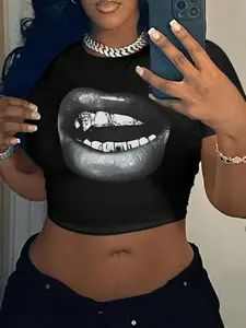 Women's Lip Print Round Neck Crop Tee Slim Fit, Fashion Casual Crew Neck T-shirt for Daily Holiday Vacation Outdoor Wear, Ladies Clothes for Summer, Top