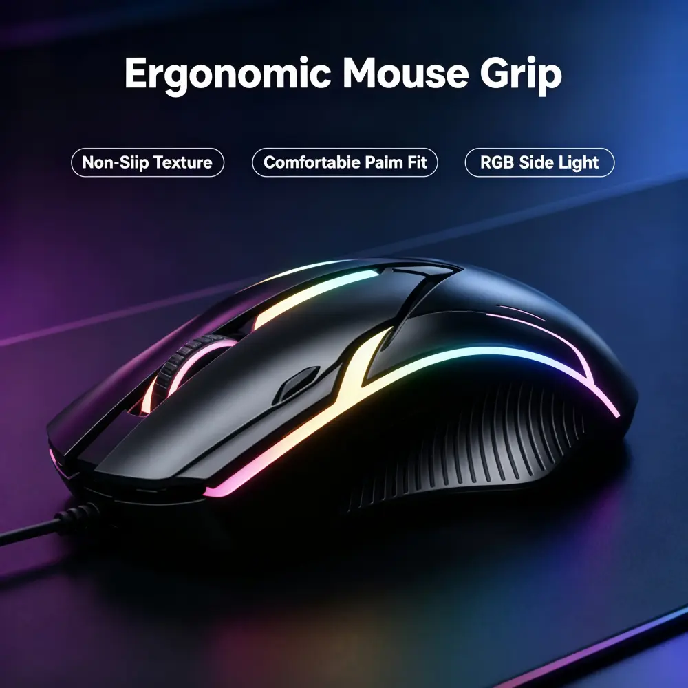 1pcs USB 2.0 Wired RGB ABS Plastic Gaming Mouse, Multi-Colors Rainbow Gradient Glow, Ergonomic Curved Palm Fit Non-Slip Grip, Gaming Setup Accessories for Gaming PC Users