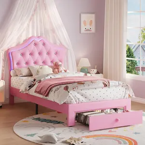 Twin Bed Frame Platform Bed Padded with LED Lights and Storage Drawer, Crystal Upholstered Headboard for Kids and Teens, Easy Assembly, Pink