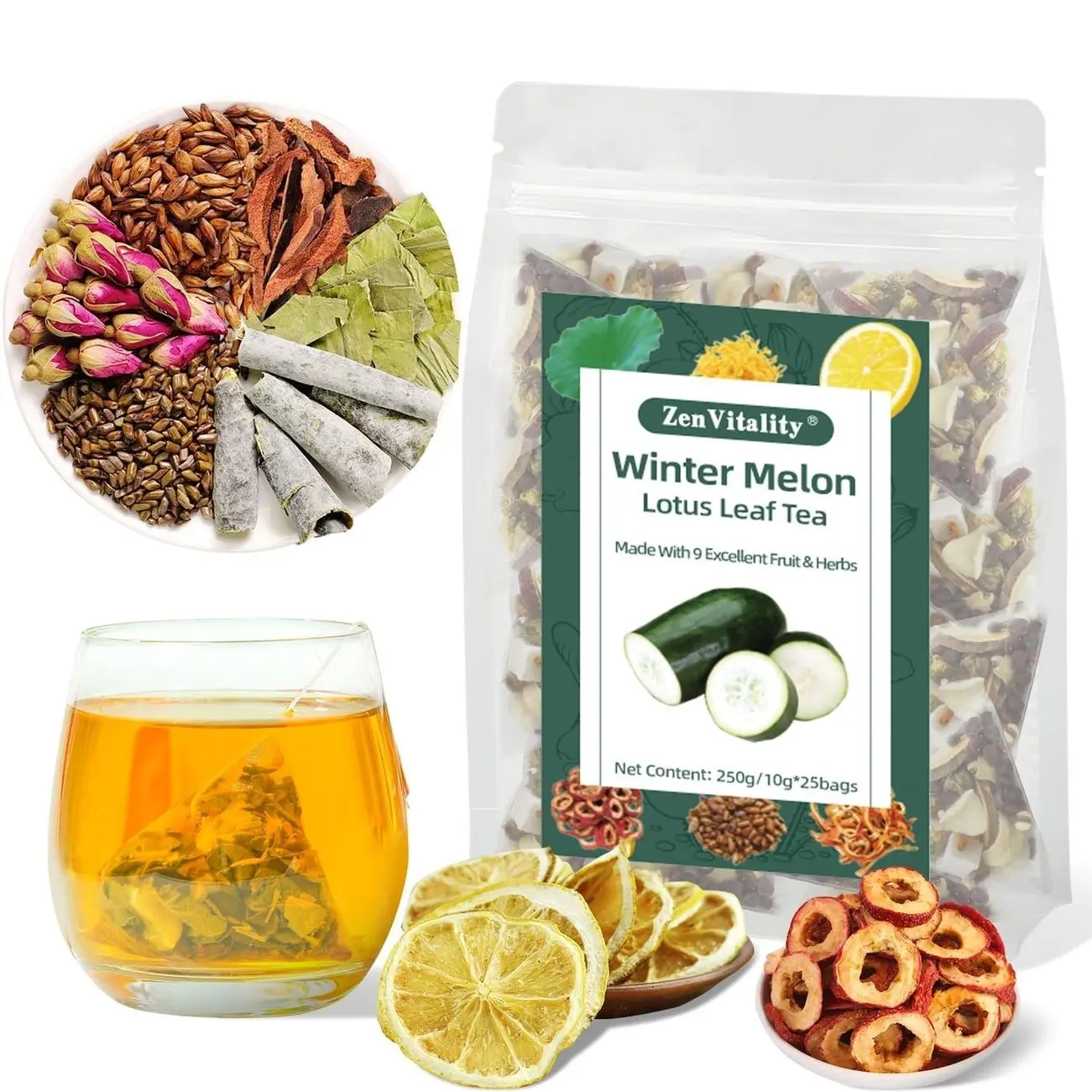 ZenVitality Oil Cleansing Tea Supports Fat Metabolism|Cholesterol Health|Digestive Health Winter Melon Lotus Leaf Tea with Chrysanthemum|Rose|Lemon|Cassia Seed|Hawthorn|Orange Peel|Buckwheat 10g*25Bag