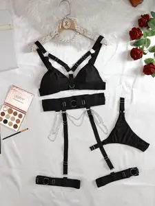 Y2K Punk Bralette Set, 4-Piece Lingerie with Chain Details, Cutout Design, Gothic Style, Romantic and Sensual Underwear Aesthetic Fashion Womenswear, Underwear Sets