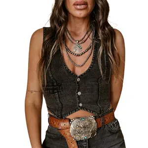Women's Summer Denim Tank Tops Solid Color Sleeveless V-Neck Button FrontVest Fashion Waistcoat