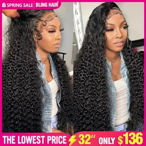 Bling Hair 32inch Kinky Curly Lace Front Wigs Human Hair Pre Plucked 180% Density 13x4 13x6 HD Transparent Lace Frontal Curly Wigs Human Hair Deep Curly Human Hair Wigs For Women Natural Black