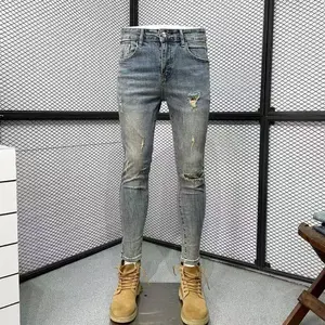 Men's Vintage Light Blue Jeans Straight Loose Fit Distressed Cat Whisker Denim Pants Casual Streetwear High Quality