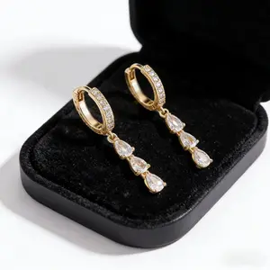 Gold Plated CZ Teardrop Huggie Dangle Earrings | Dainty Trendy Design | Hypoallergenic & Waterproof | Perfect for Prom & Formal Wear