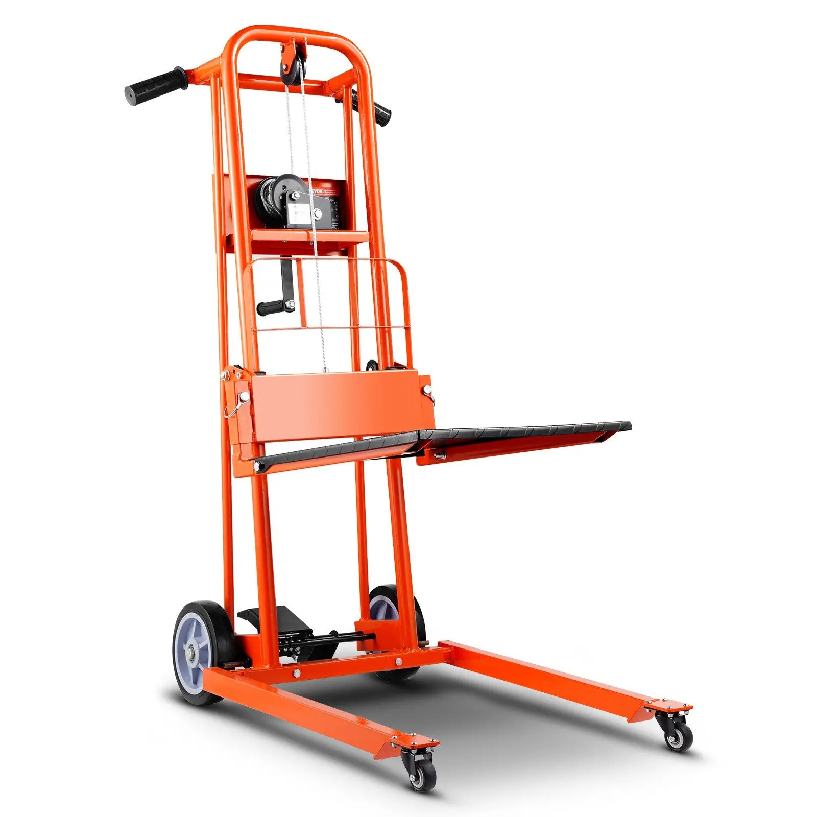 VEVOR 45# Steel Material Lift Winch Stacker, 330 lbs Capacity, 42.9 in Max Adjustable Lifting Distance, 360-Degree Swivel Wheels, Anti-Slip Rubber Grips Pallet Truck Dolly for Warehouses