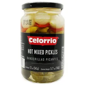 Celorrio Hot Mixed Pickles with Onion, 10.5 oz, Sour-Spicy Pickled Snacks, Pantry Food Item
