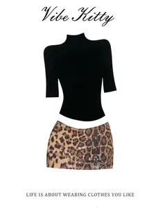 Women's 2-Piece Leopard Sequin Mini Skirt Set, Y2K Party & Nightclub, Slim Fit Mock Neck Top & Low Rise Skirt