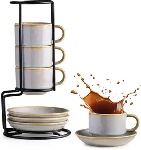 2.5 Ounce Espresso Cups Set of 4, Small Stackable Coffee Cups with Saucers and Metal Stand, Halloween Porcelain Demitasse Cups for Specialty Coffee Drinks, Espresso, Cappuccino, Latte, Gray