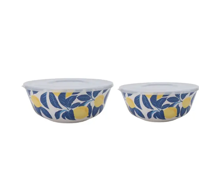 4-Piece Bamboo Serving Bowl Set – Colorful Lemon & Blue Tableware for Everyday Meals
