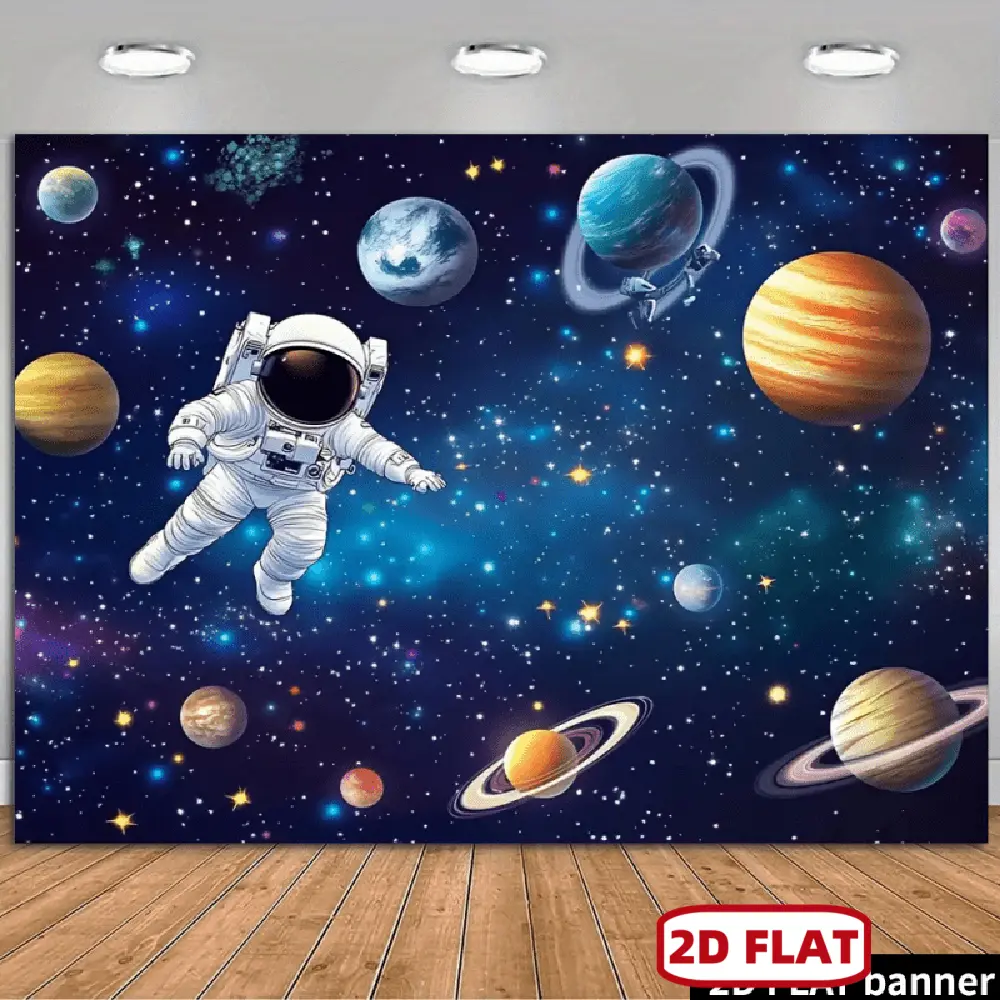 2D Flat, 2D Flat - 2D Flat, 2D Flat - 2D Flat Banner Featuring a Galaxy Space Theme Background with Planets of The Solar System, Astronauts, And a Starry Night Scene. It Serves As Party Decoration And Photo