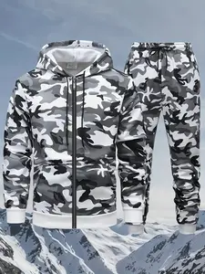 Men's camouflage zippered hoodie and sweatpants set - Casual 2-piece polyester zippered sweatshirt set, long sleeves, machine washable, suitable for spring/autumn
