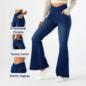 HeeiYoga Denim Strechy Jeggings Pocket High Waisted for Yoga Pilates Casual Jeans Leggings Flare Skinny Tummy Control Jeggings
