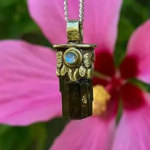 Brown Tourmaline & Rainbow Moonstone Pendant with Tibetan Silver
