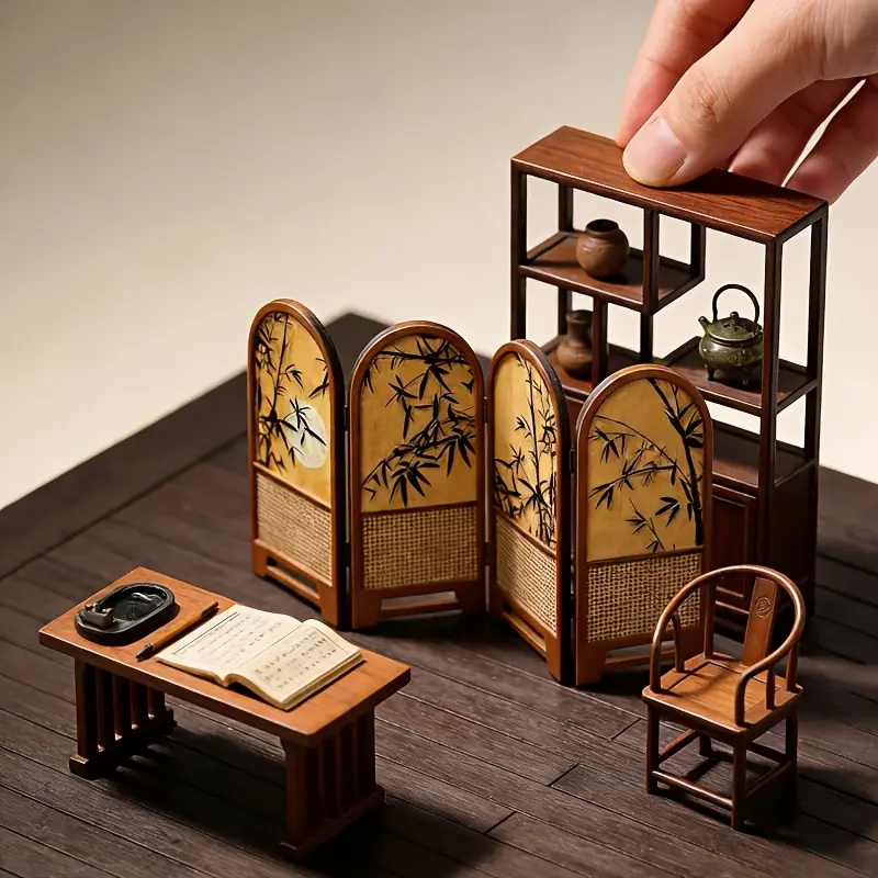 1:12 Scale Antique Four Panel Folding Bamboo Screen Dollhouse Playhouse Mini Study Tearoom Divider Furniture Miniature Ancient Scene Prop Tiny Bamboo Screen Dollhouse Furniture Accessory Christmas Easter New Year Gift