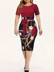 Women's Patchwork Chain Print Belted Bodycon Dress, Elegant Chic Short Sleeve Round Neck Midi Dress for Spring & Fall,  Women's Clothing, Dresses for Women, Ladies Clothes for Daily Outdoor Office Wear, Womenswear