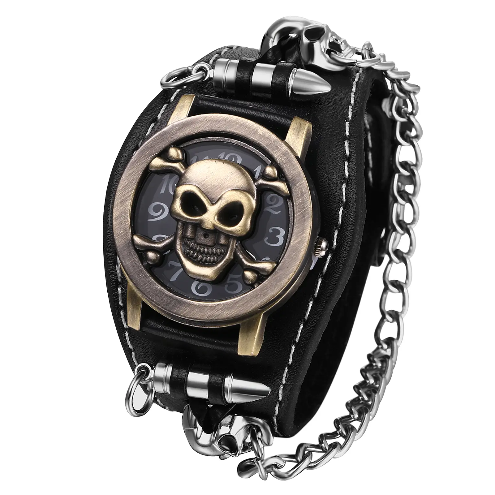 OIDEA Skull Fob Watch Bracelet, Unisex Punk Genuine Leather & Cuban Chain Wristband with Flip-Open Case, Edgy Fashion Accessory, Edgy Fashion Unisex Watches, Gothic Fashion Unisex Watches