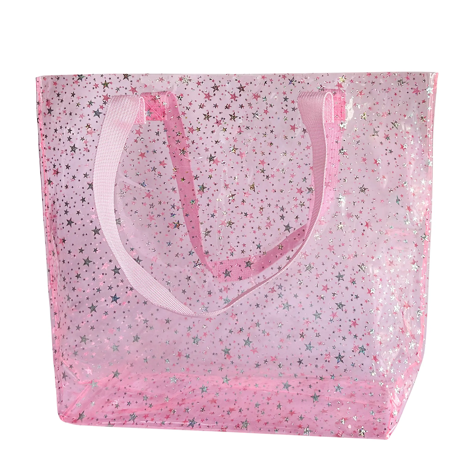 Holographic Clear Tote Bag, Waterproof Beach Bag with Pink Handles, Large 11.8"x12.2"x4.3", TSA Compliant | Holographic Heart