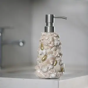 1pc Ocean-Inspired Seashell Soap Dispenser - Beach-Themed Resin Pump Bottle with White & Golden Shell Design, Phthalate-Free, Perfect for Bathroom or Kitchen Decor, Decorative | Motif Decor Construction Mount