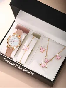 Cute Heart Exquisite Watch Set for Girls, Pearl Butterfly Romantic Fashion Accessories, 6-Piece Jewelry Gift Box Included