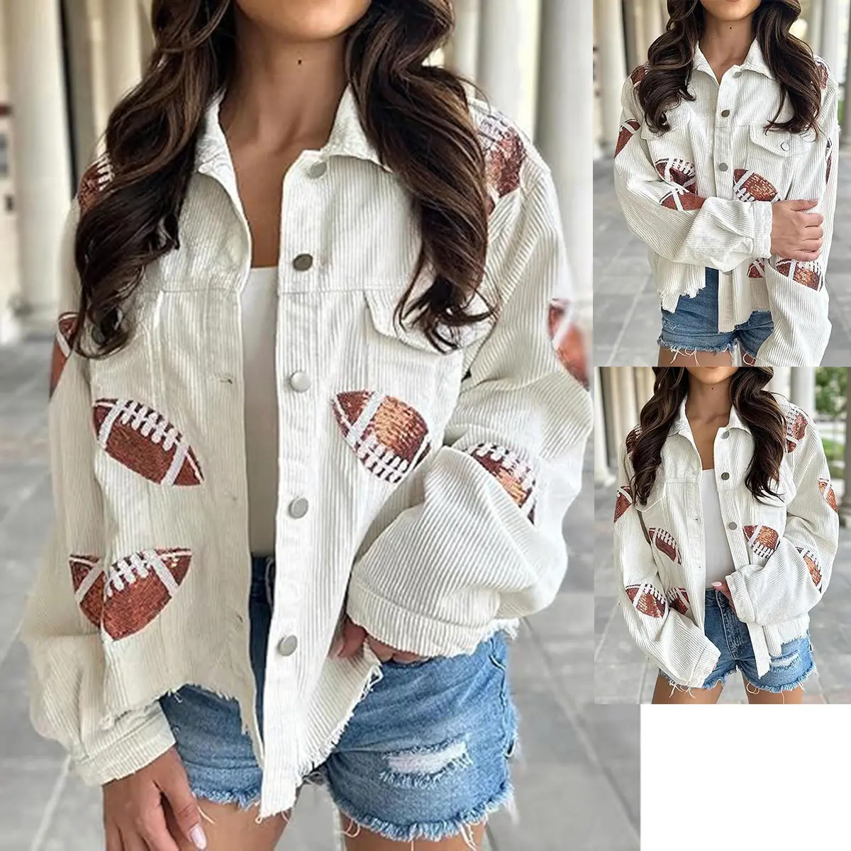 SCUSTY Women's Cropped Corduroy Jacket Football Sequin Patched Short Button Raw Hem Jacket Coat
