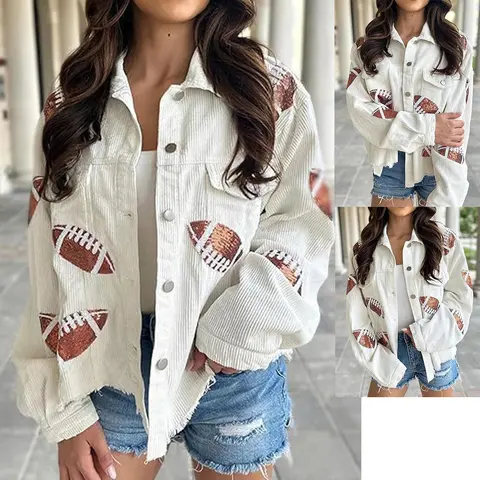 SCUSTY Women's Cropped Corduroy Jacket Football Sequin Patched Short Button Raw Hem Jacket Coat