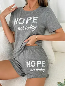 Women's Summer Pajamas Set with Nope Letter Print, Loose-Fitting Casual Sleepwear, Loungewear, Comfortable Random Pattern Design, Ideal for Home Wear, Homewear, Casual Pajamas Outfit