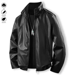 Men’s Regular Fit Solid Pocket Zip-Up PU Leather Jacket, Casual Long-Sleeve Stand Collar Outerwear for Fall & Winter, Men’s Clothing for Everyday Wear abrigos  para  hombre