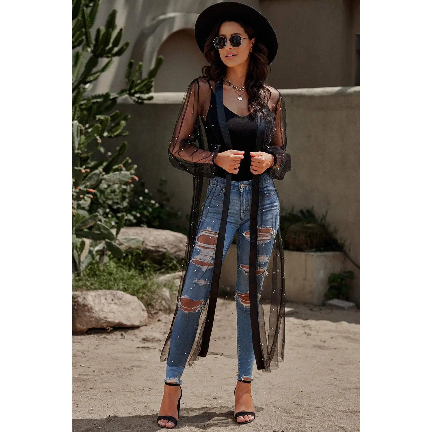 Bead Trim Sheer Duster Cardigan