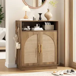 PieDle Furniture Rattan Shoe Storage Cabinet with 2 Arched Doors, 5-Tier Wood Shoe Organizer with Adjustable Shelves, Farmhouse Boho Shoe Rack Cabinet for Entryway