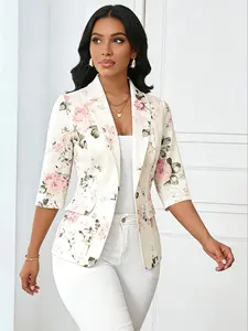 A fashionable white Floral printed casual Blazer Jackets suit jacket for women, with eye-catching print design and a loose fit suitable for commuting to work, shopping and outdoor activities, indoor and outdoor dressing