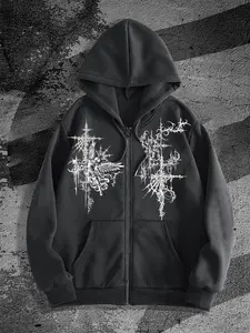 Dark Gothic Thorn Abstract Print Zipper Hoodie, Sweatshirts, High Street Subculture Loose Fit Unisex Jacket, Fall & Winter Street Style