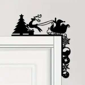 Metal Christmas Carriage Door Corner Sculpture - Black reindeer and carriage, elegant door frame decoration, suitable for indoor/outdoor holiday decoration, durable metal structure, artistic style doorbell and party decoration, suitable for holiday style,