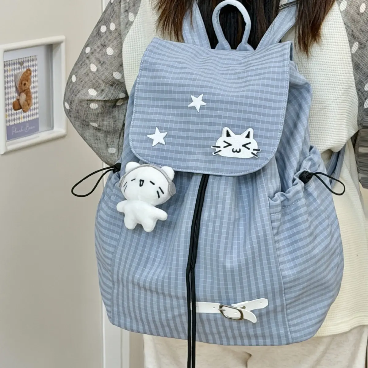 Aesthetic Striped Flap Backpack Lightweight Daily Backpack Detachable Plush Doll Accessory