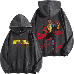 Invincible Mark Grayson Superhero Graphic Washed Hoodie Vintage Washed Shirt Unisex Streetwear Comic Hero T Shirt Invincible Action Design Gift for Superhero Fans
