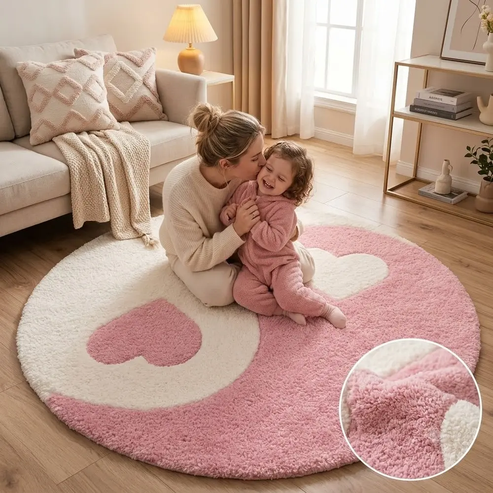 Pink White Heart Yin Yang Round Velvet Area Rug, Soft Non-Slip Circular Floor Mat, Aesthetic Decor for Girls' Bedrooms