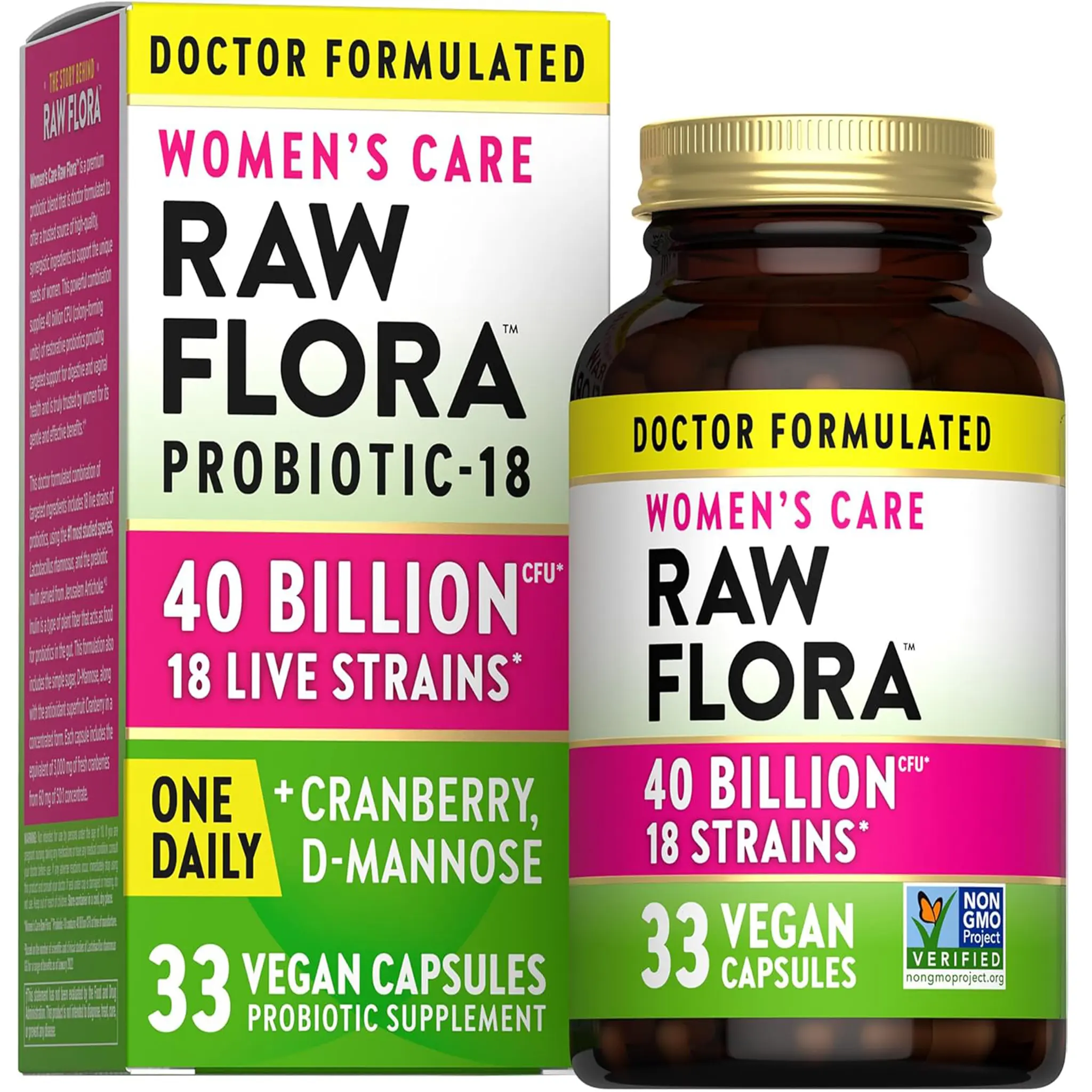 Raw Flora Women’s Care Probiotic, 40 Billion CFU, 33 Vegan Capsules, Supports Gut & Microbiome Balance