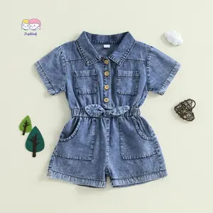 Toddler Girls Denim Overalls Shorts Short Sleeves Turn Down Collar Button Down Elastic Waist Jean Romper