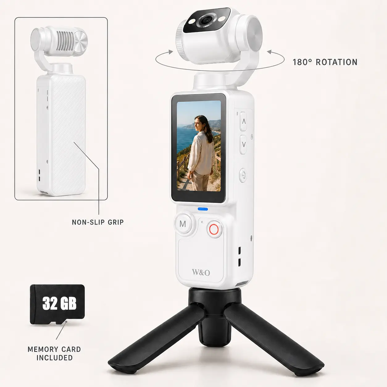 W&O New Vlogging Camera with 32GB Card, Digital Camcorder with 180° Rotating Lens, Back to School Camera for Students, Full Body Camera for Vlogging, Travel and Everyday Recording